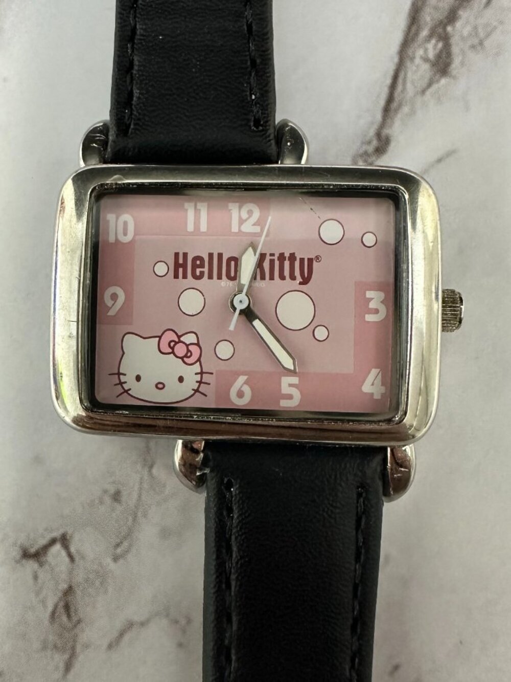 Hello Kitty Watch Women Silver Tone Square Case Leather Band New Battery 9"